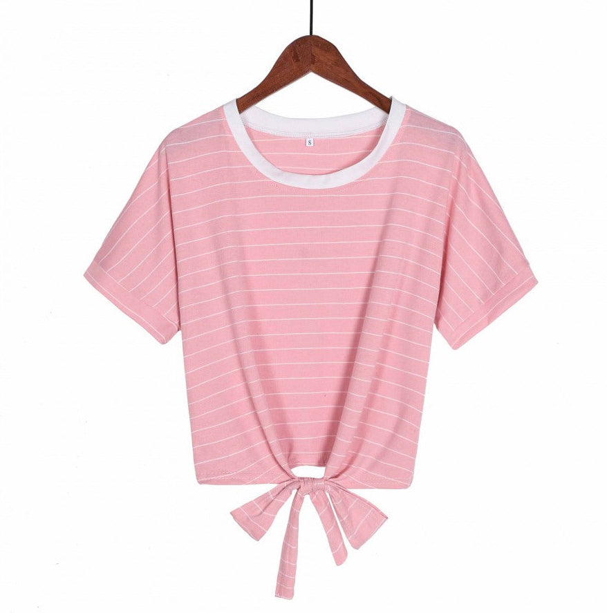 Spring New Striped Round Neck Tie T-Shirt