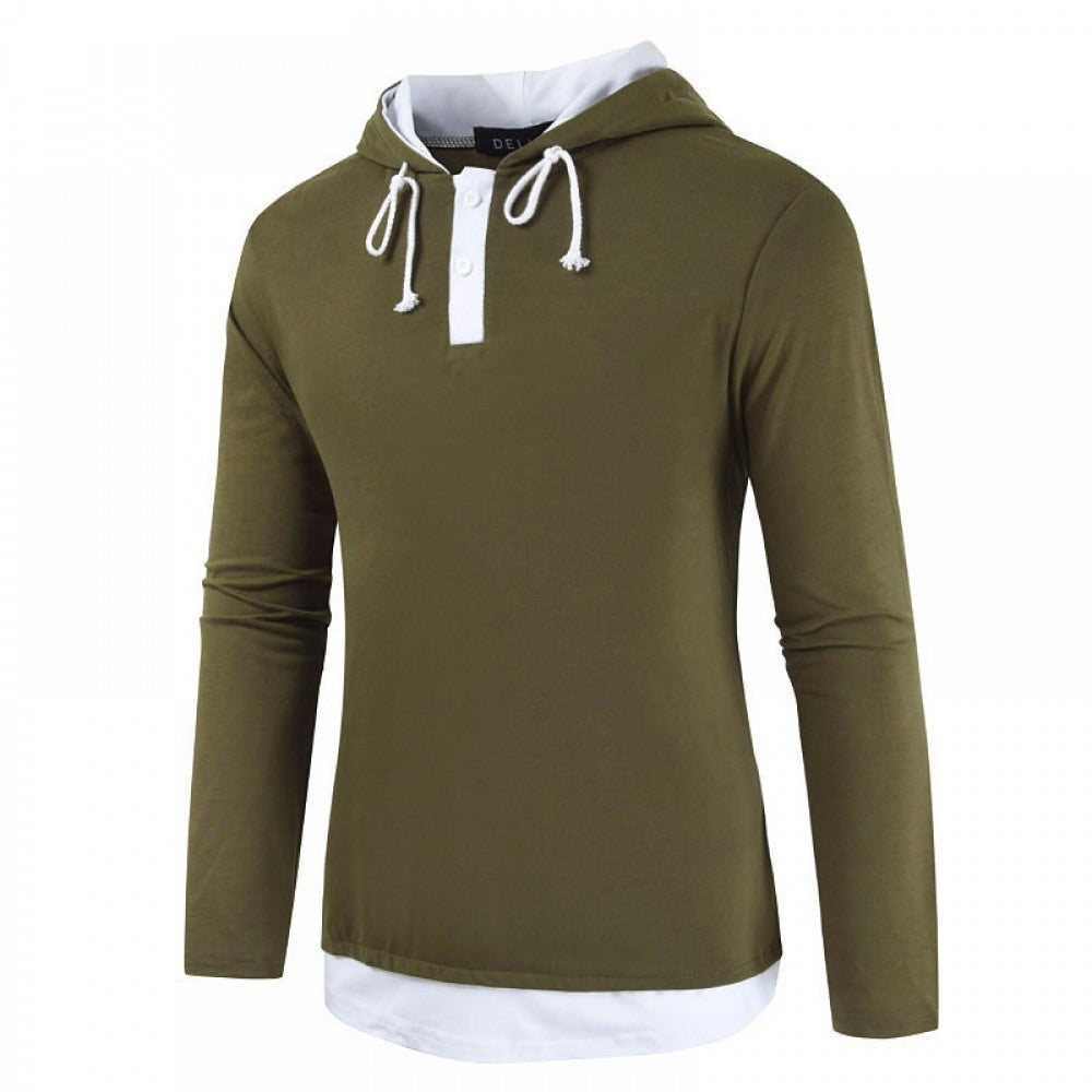 Fashion New Men's Two-Piece Hooded Drawstring Long-Sleeved T-Shirt